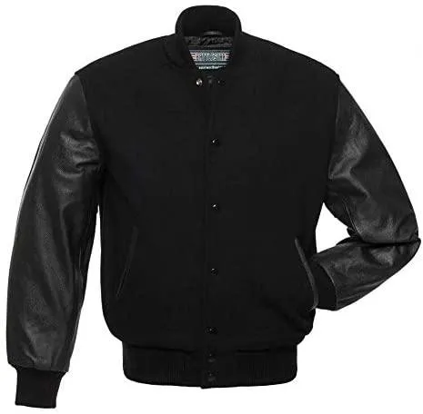 Biker Gear Pro Classic Hybrid Varsity Jacket University Letterman Bomber Jacket-Pure Wool & Original Cowhide Leather Jacket-Blac