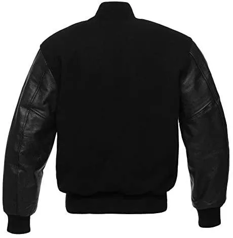 Biker Gear Pro Classic Hybrid Varsity Jacket University Letterman Bomber Jacket-Pure Wool & Original Cowhide Leather Jacket-Blac