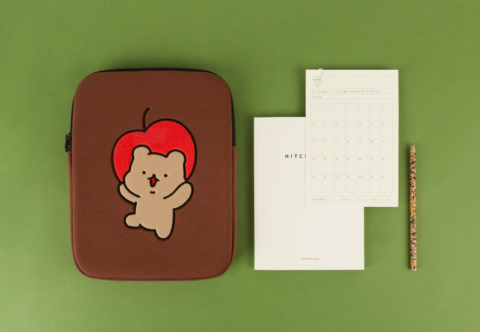 Brown Apple Bear Cute Embroidery Laptop Sleeves iPad Fitted Cases Covers Protective Tablet Pouches Purses Handbags Square Cushio