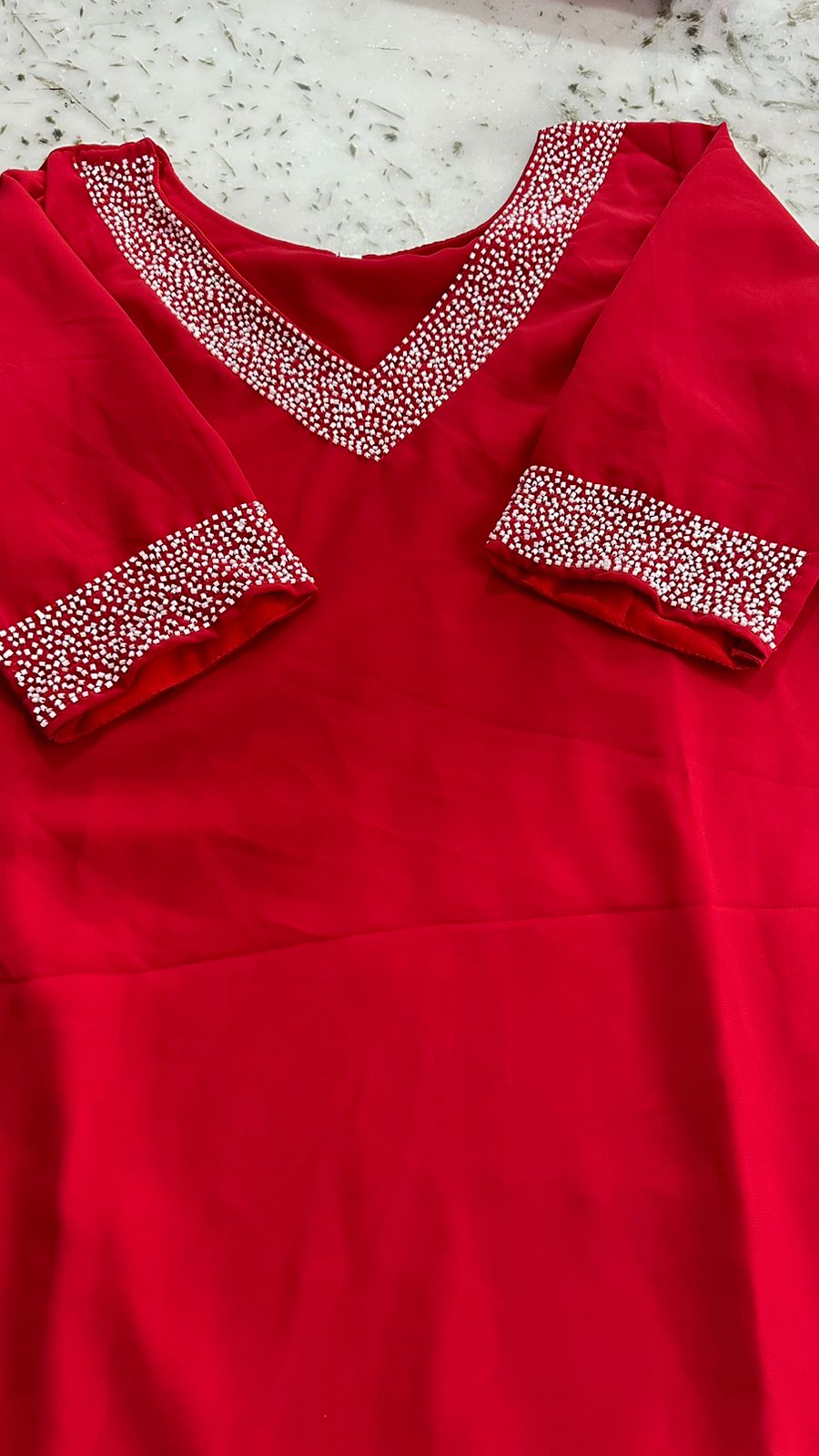 Christmas Special Red Kurti with Heavy Work On Sleeve and Neck-SAHE001CKR