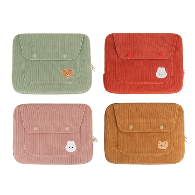 Cute Embroidery Bear Bunny Rabbit Corduroy Laptop Sleeves iPad 11 13 15 Cases Skins Protective Covers Purses Handbags Square Pou