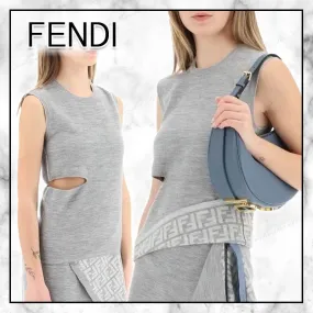 FENDI  |Crew Neck Monogram Wool Sleeveless Plain Logo