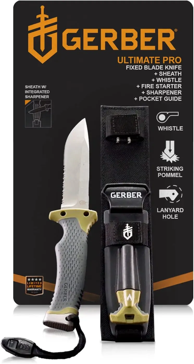 Gerber Gear Ultimate Knife, Tactical Knife with Fire Starter, Sharpener, and Knife Sheath, 4.75” Blade