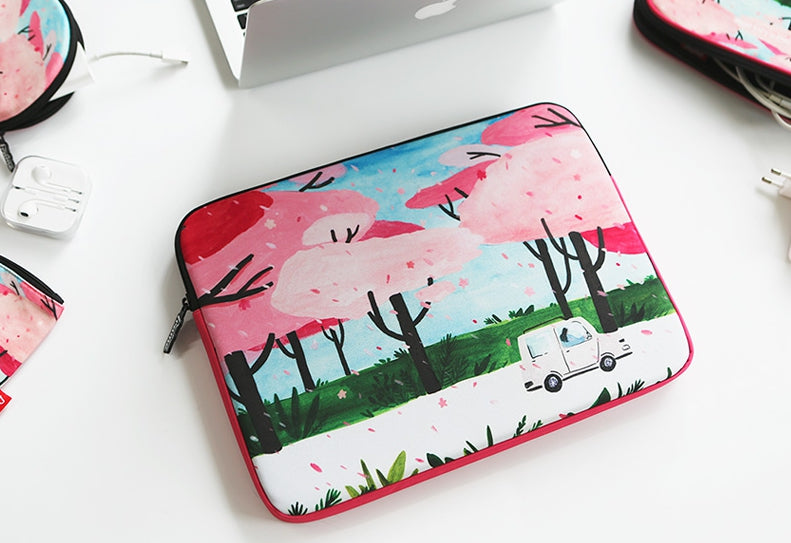 Pink Flower Floral Rain Graphic Laptop Sleeves 11 13 15inch Cases Protective Covers Handbags Square Pouches Designer Artist Prin