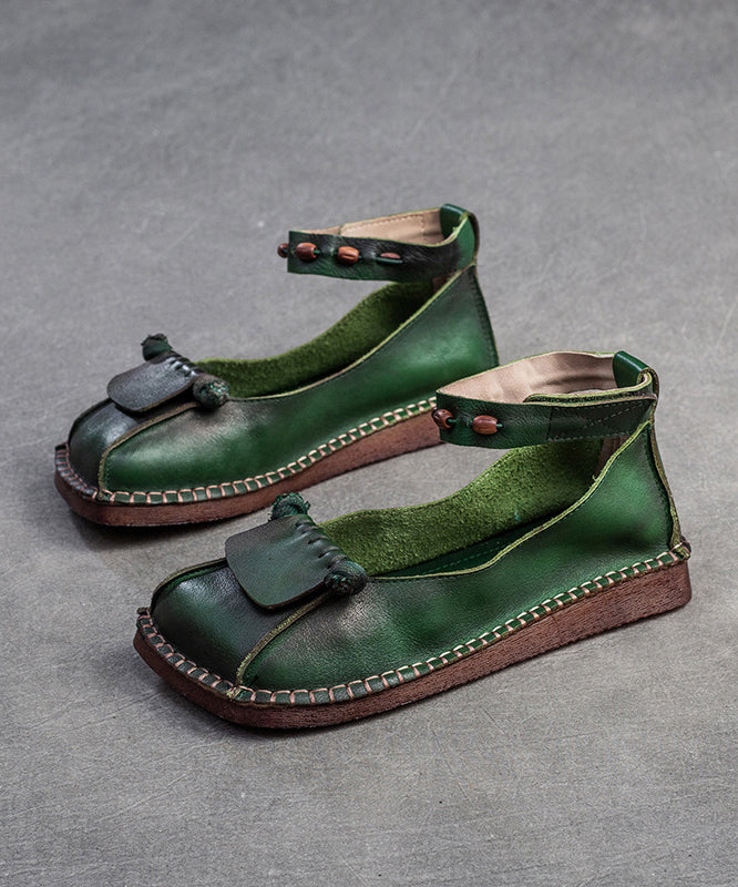 Soft Green Cowhide Leather Splicing Buckle Strap Flats Shoes SL1021