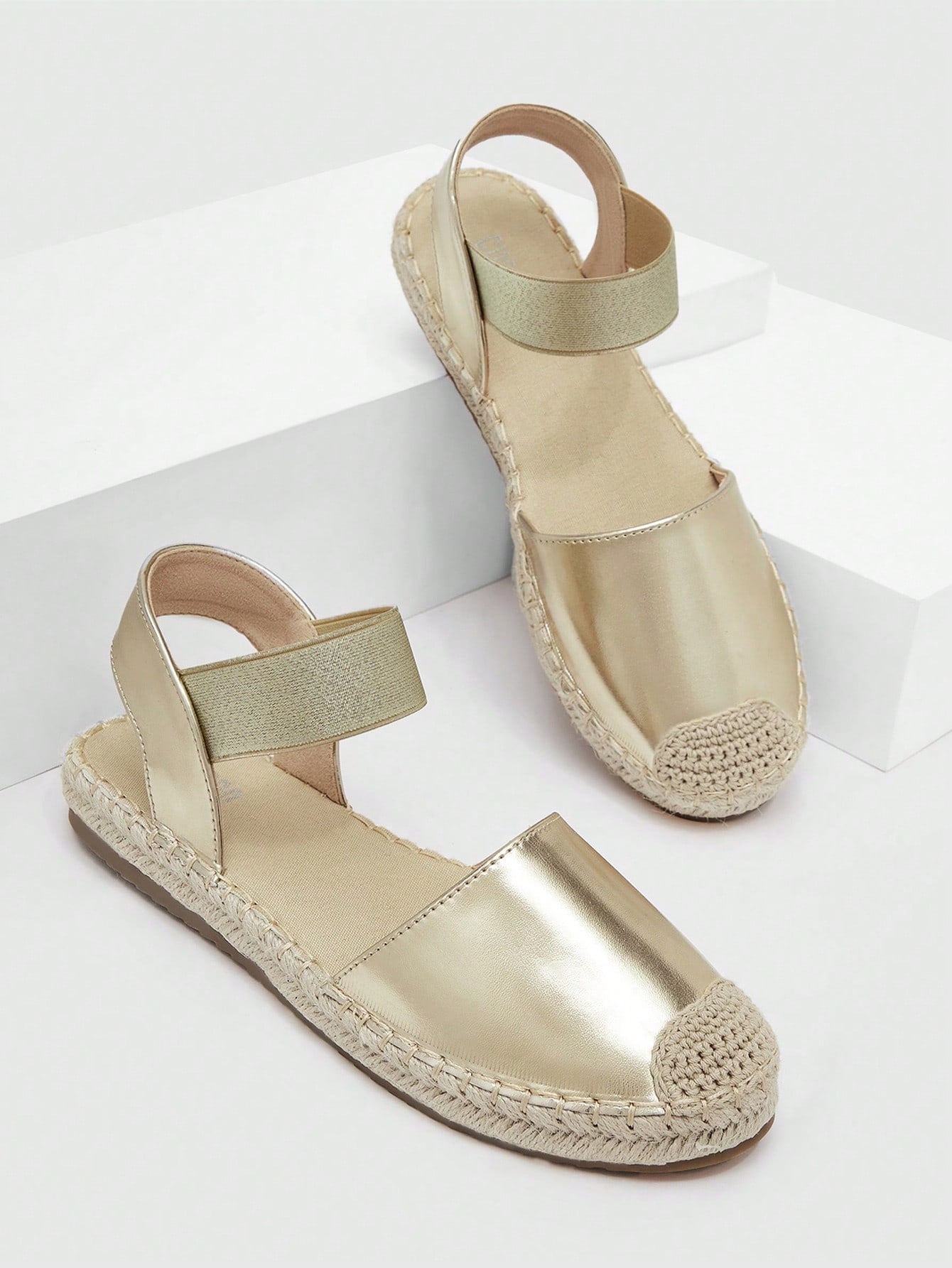 Woman Shoes Metallic Gold Flats, Vacation Espadrille Flats For Outdoor For Spring And Summer