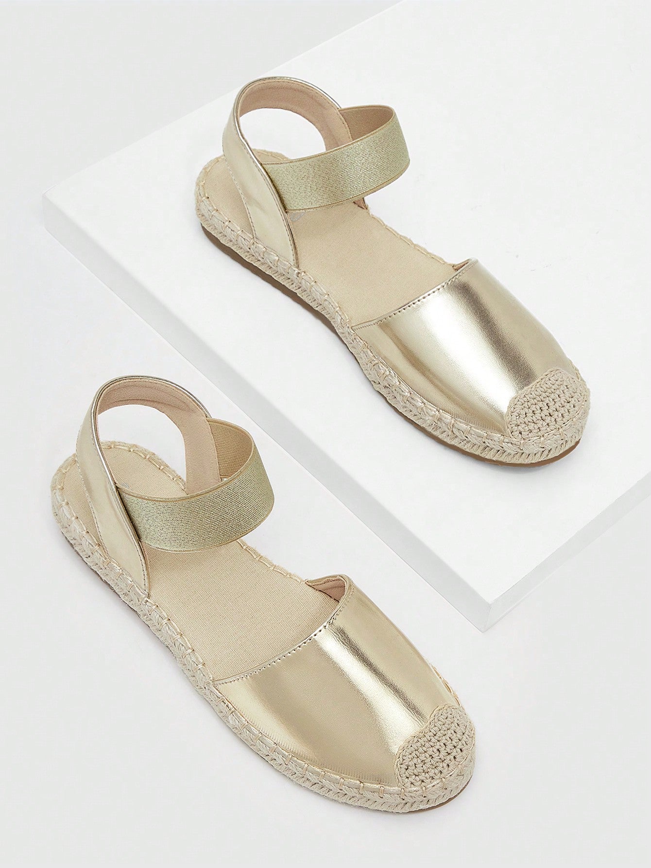 Woman Shoes Metallic Gold Flats, Vacation Espadrille Flats For Outdoor For Spring And Summer