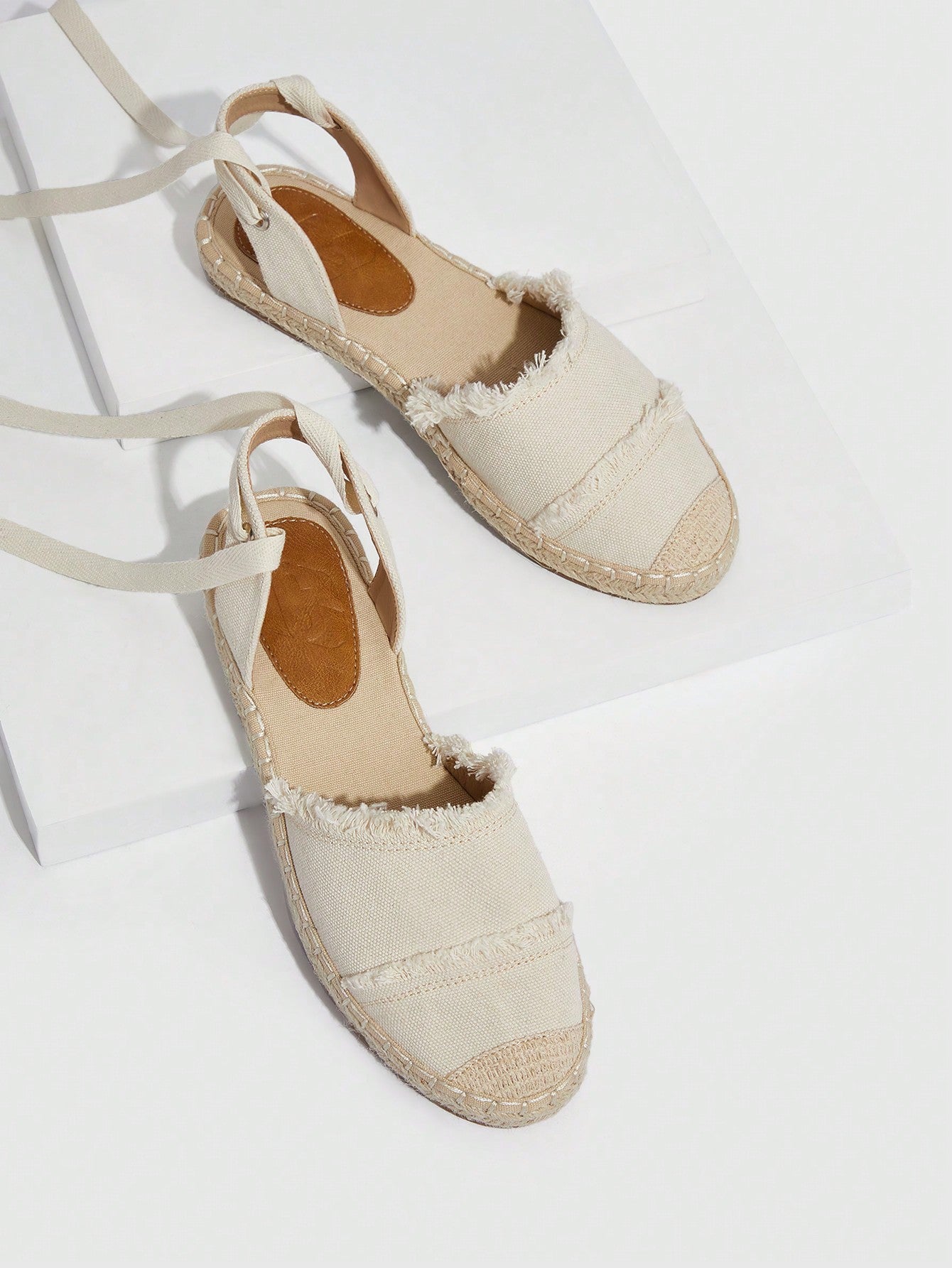 Woman Shoes Ruffle Detail Espadrilles Flats, Fabric Strappy Vacation Flats For Spring And Summer